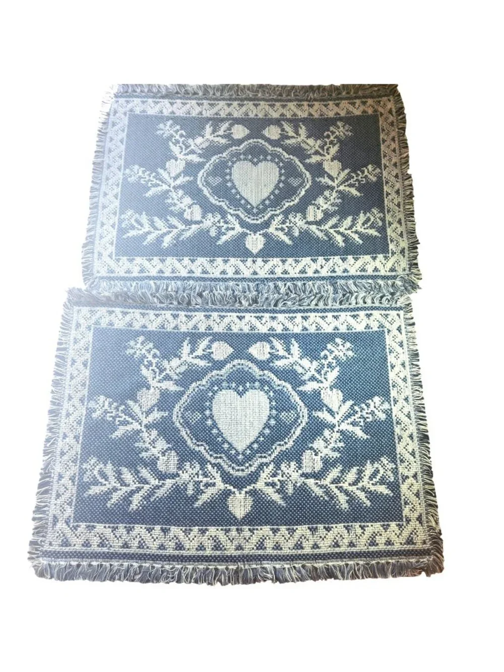 Set Of 2 placemats Blue White Heart Floral Woven Fringe cottagecore grannycore